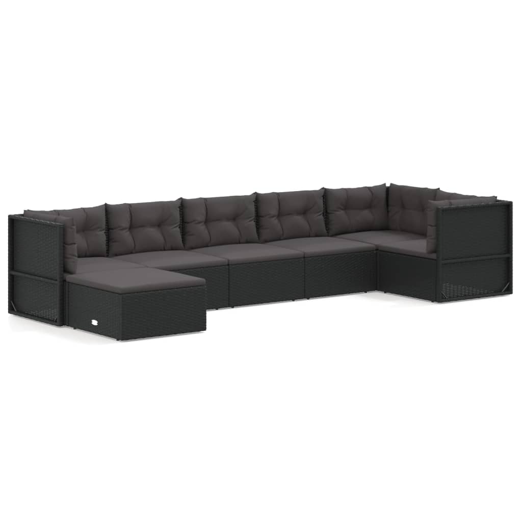 Set mobilier de grădină cu perne, 7 piese, negru, poliratan