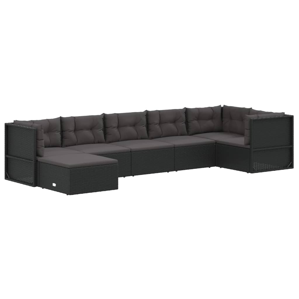 Set mobilier de grădină cu perne, 7 piese, negru, poliratan