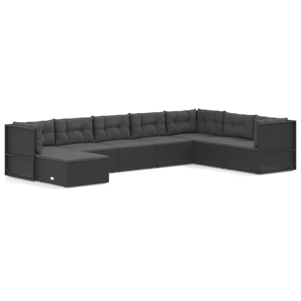 Set mobilier de grădină cu perne, 8 piese, negru, poliratan