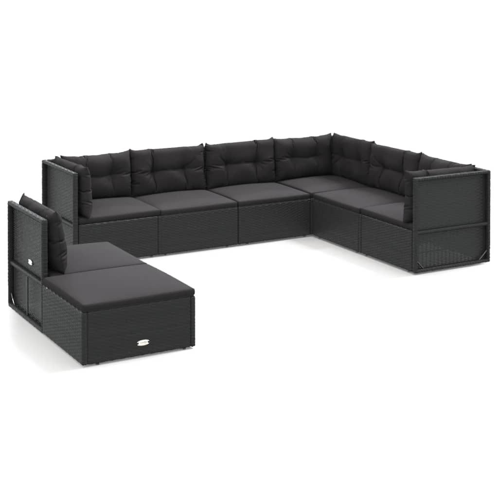 Set mobilier de grădină cu perne, 8 piese, negru, poliratan