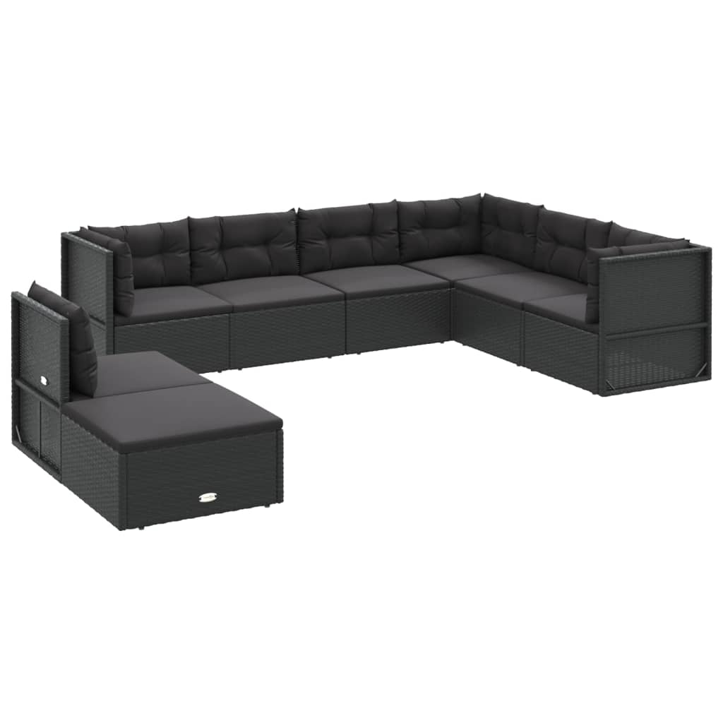Set mobilier de grădină cu perne, 8 piese, negru, poliratan