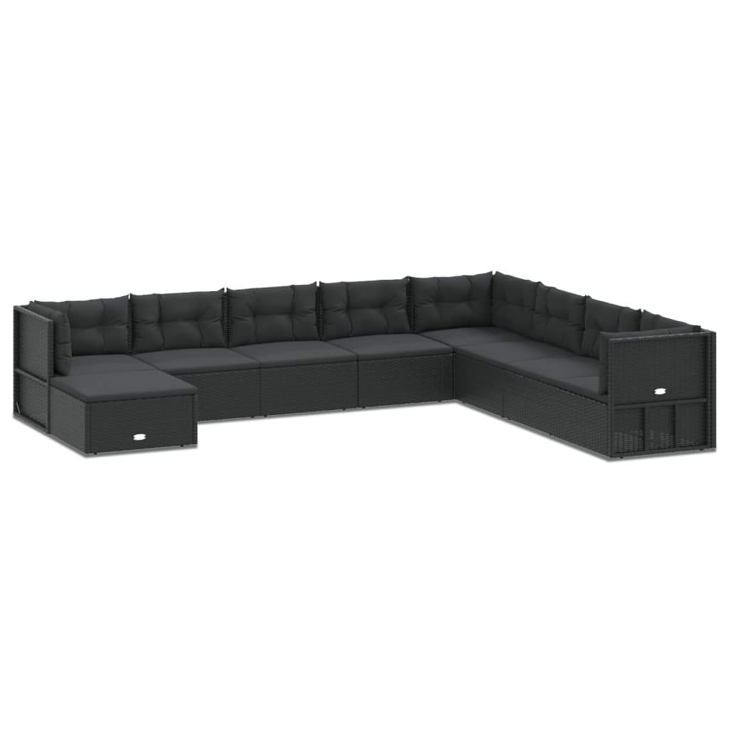 Set mobilier de grădină cu perne, 9 piese, negru, poliratan