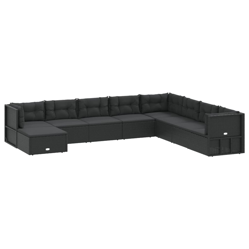 Set mobilier de grădină cu perne, 9 piese, negru, poliratan