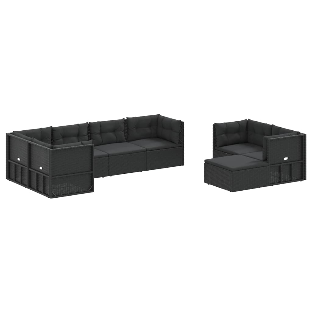 Set mobilier de grădină cu perne, 8 piese, negru, poliratan