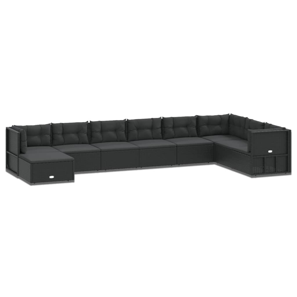 Set mobilier de grădină cu perne, 9 piese, negru, poliratan