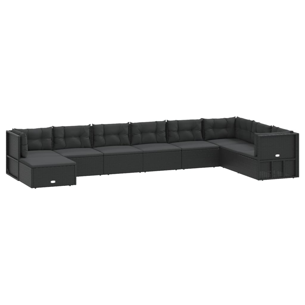 Set mobilier de grădină cu perne, 9 piese, negru, poliratan