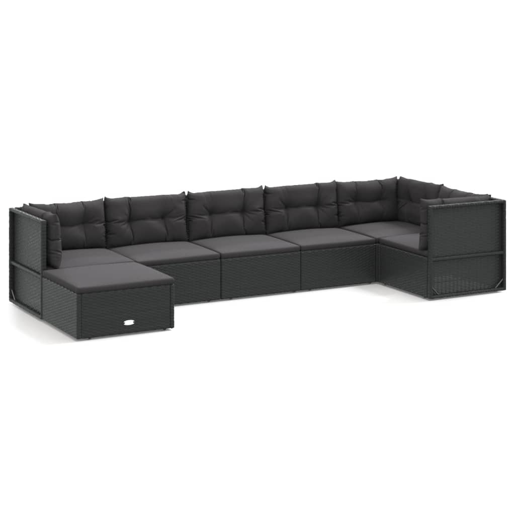 Set mobilier de grădină cu perne, 7 piese, negru, poliratan