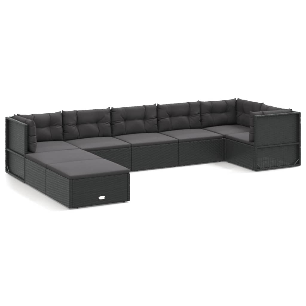 Set mobilier de grădină cu perne, 8 piese, negru, poliratan