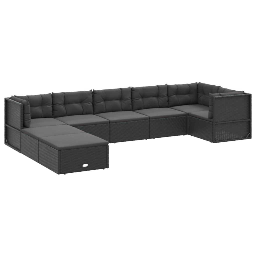 Set mobilier de grădină cu perne, 8 piese, negru, poliratan
