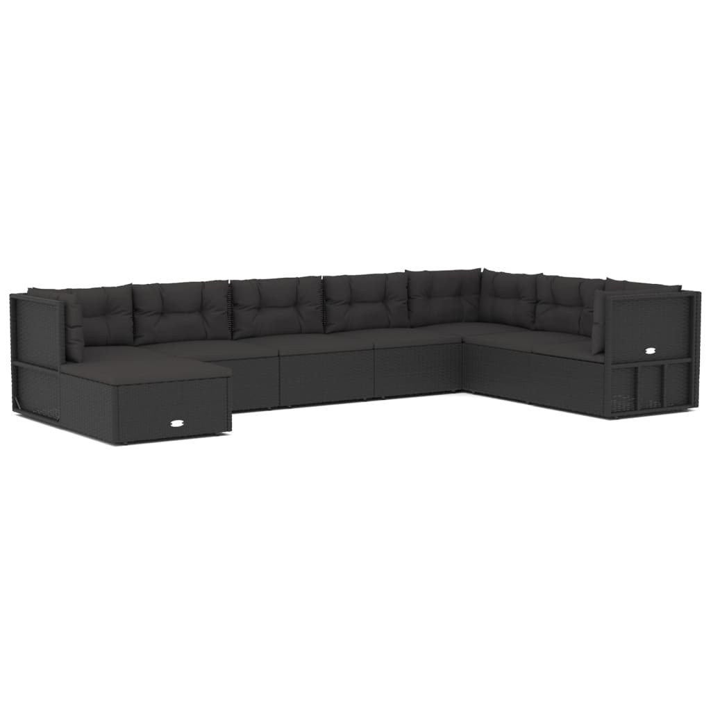 Set mobilier de grădină cu perne, 8 piese, negru, poliratan