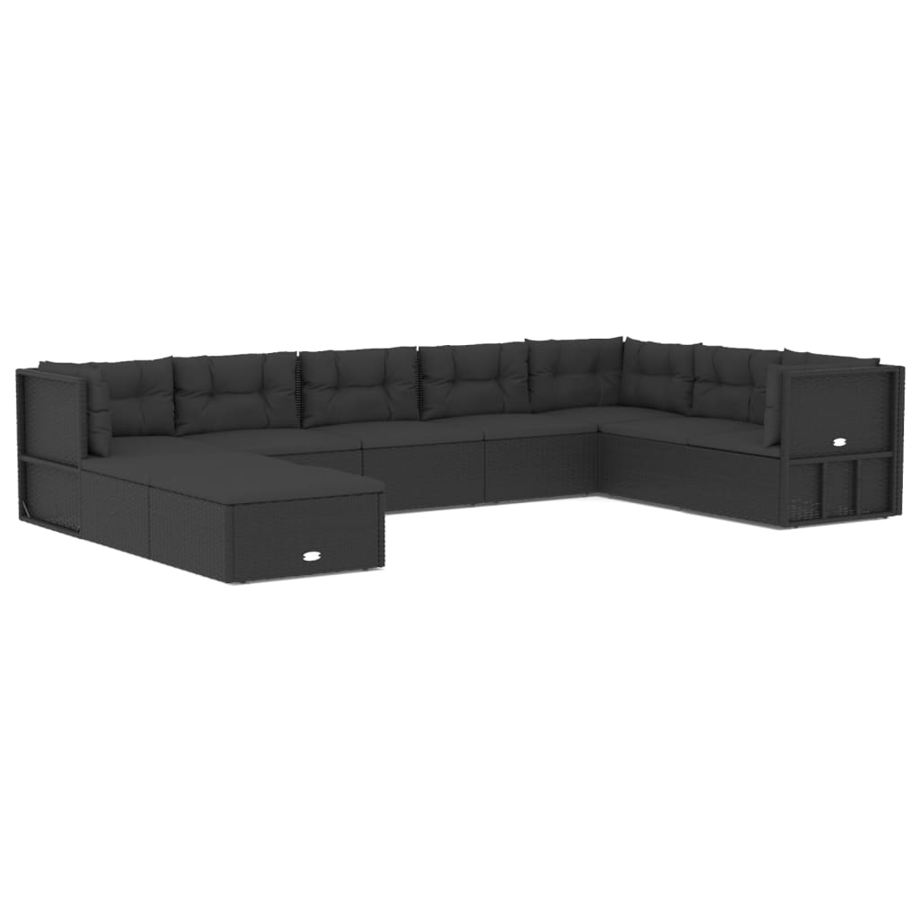 Set mobilier de grădină cu perne, 9 piese, negru, poliratan