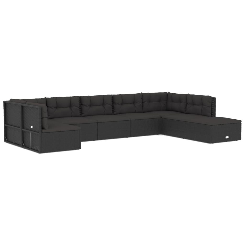Set mobilier de grădină cu perne, 8 piese, negru, poliratan