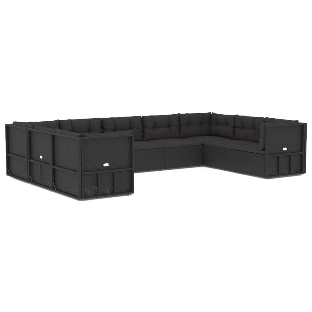 Set mobilier de grădină cu perne, 9 piese, negru, poliratan