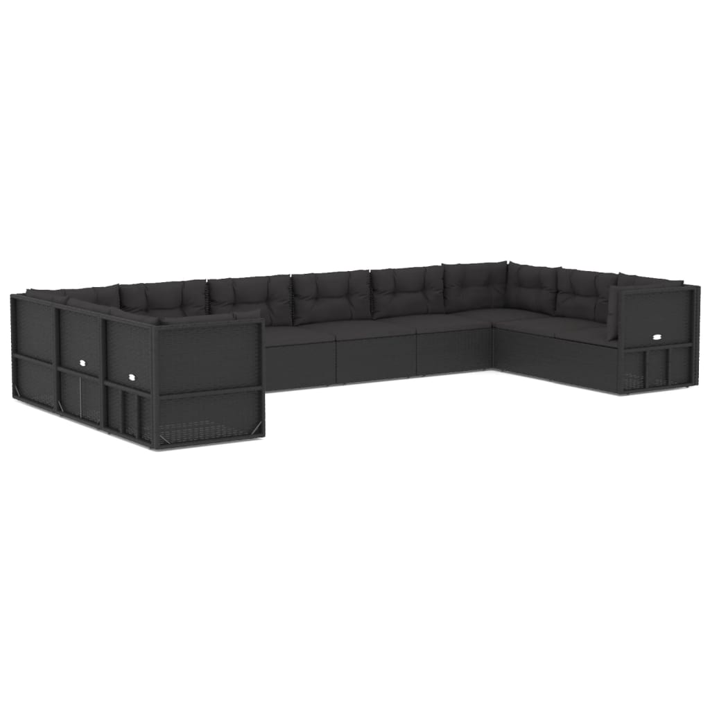 Set mobilier de grădină cu perne, 10 piese, negru, poliratan