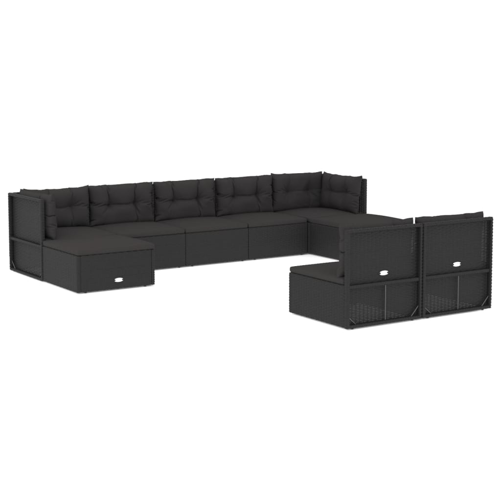 Set mobilier de grădină cu perne, 9 piese, negru, poliratan