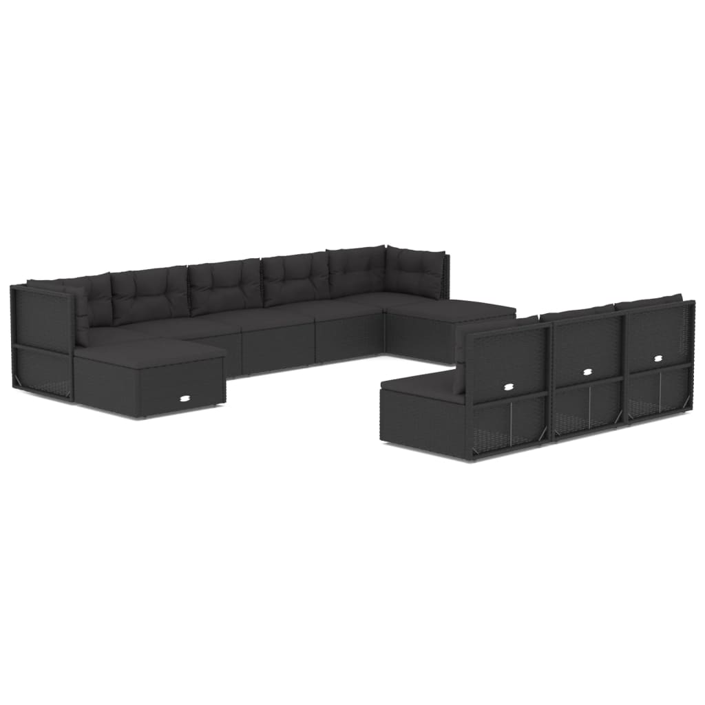 Set mobilier de grădină cu perne, 10 piese, negru, poliratan