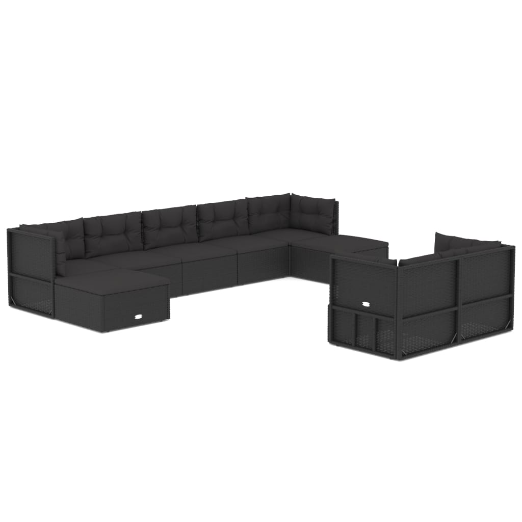 Set mobilier de grădină cu perne, 9 piese, negru, poliratan