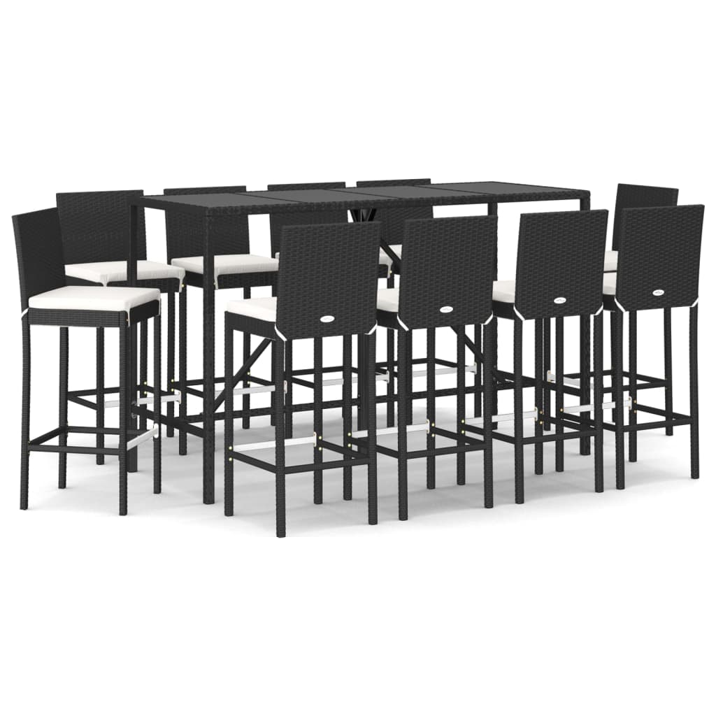 Set mobilier de grădină cu perne, 11 piese, negru, poliratan
