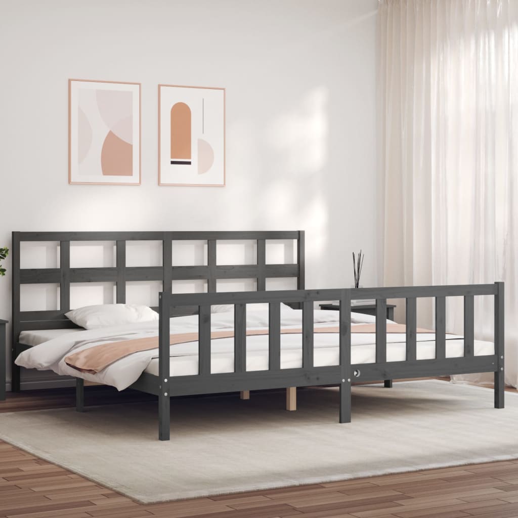 Rám postele s čelem šedý 200 x 200 cm masivní dřevo