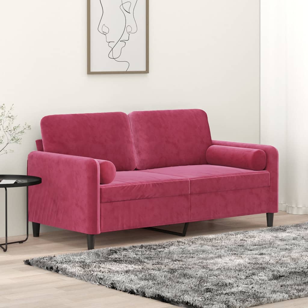 vidaXL 2-personers sofa med pyntepuder 140 cm velour vinrød