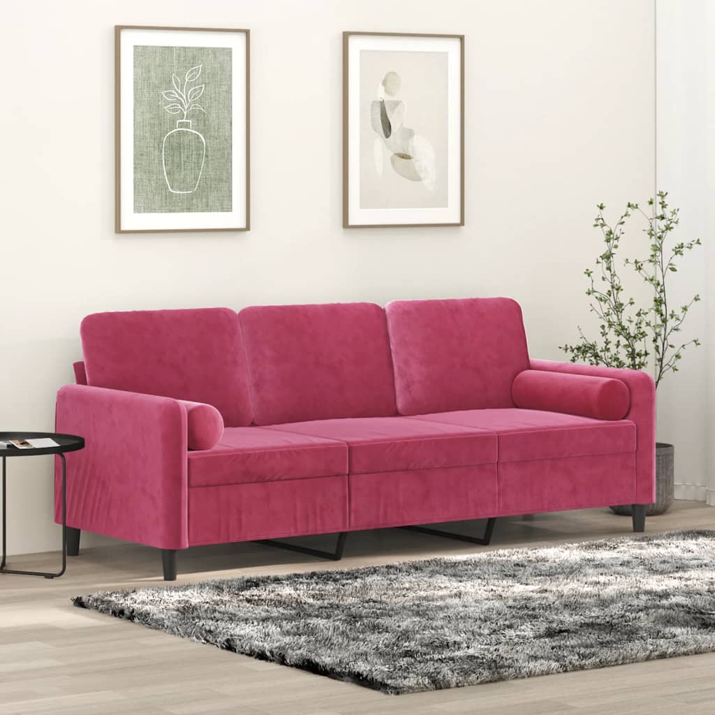 vidaXL 3-personers sofa med pyntepuder 180 cm velour vinrød