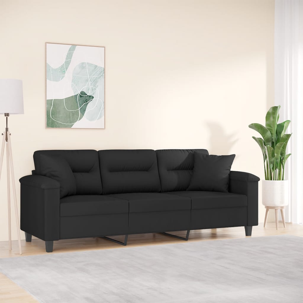 vidaXL 3-personers sofa med puder 180 cm mikrofiberstof sort