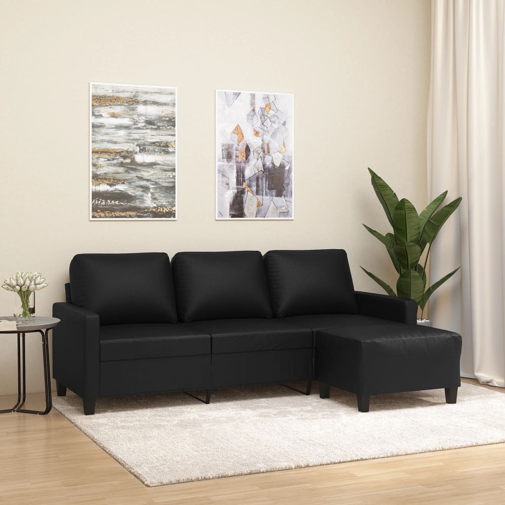 16: vidaXL 3-personers sofa med fodskammel 180 cm kunstlæder sort