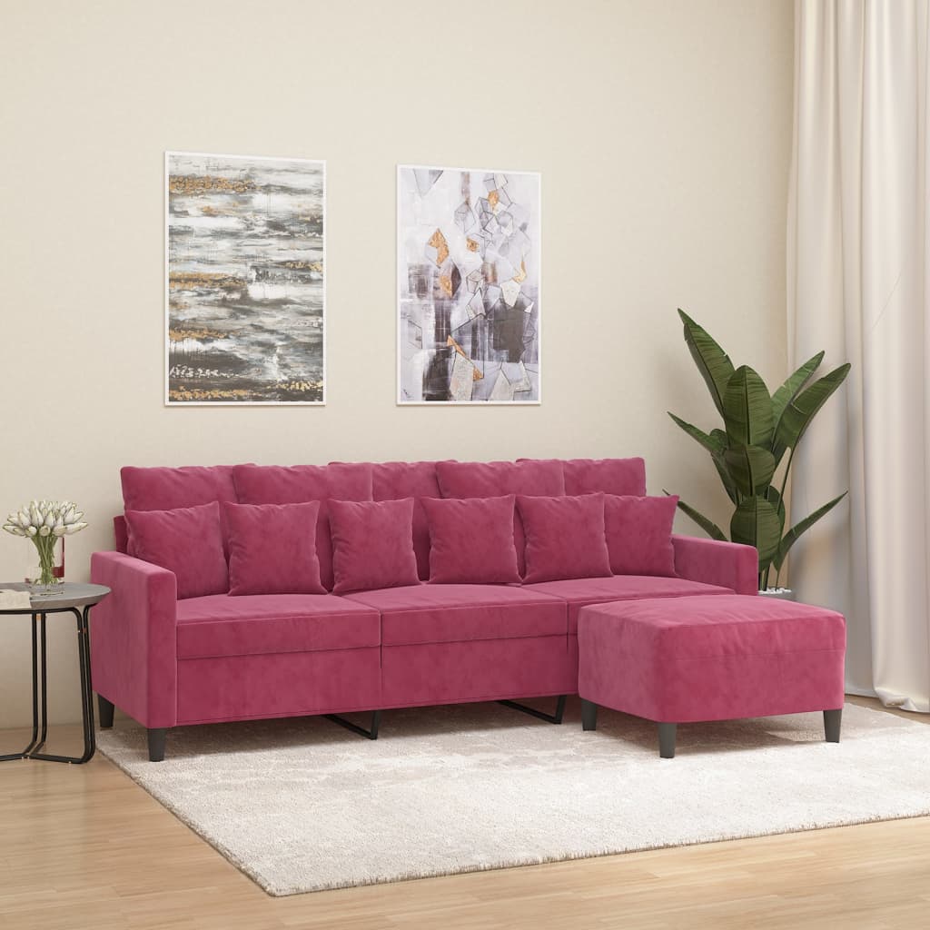 vidaXL 3-personers sofa med fodskammel 180 cm velour vinrød
