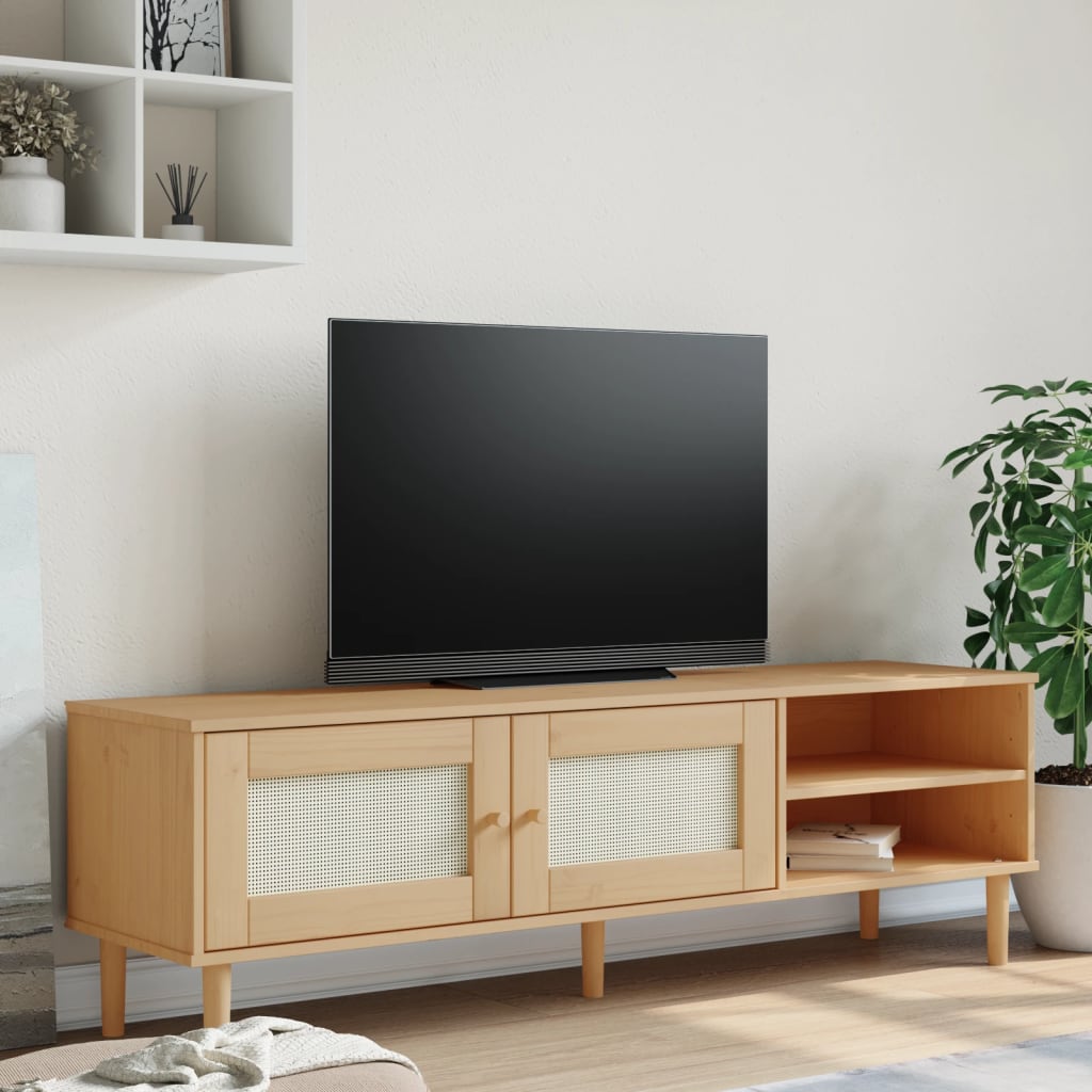 vidaXL Comodă TV SENJA aspect ratan maro, 158x40x49 cm, lemn masiv pin