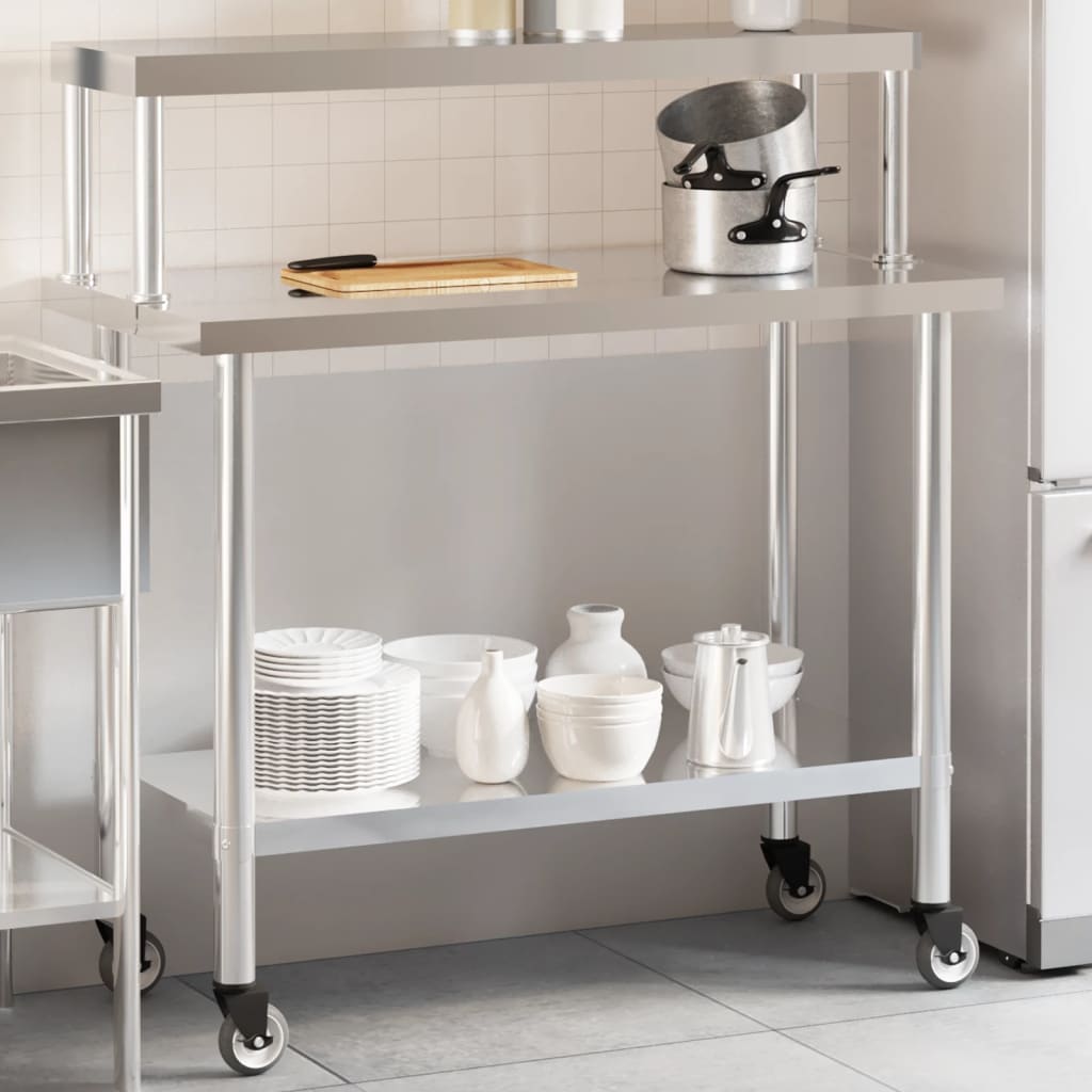#3 - vidaXL køkkenbord med tophylde 110x55x120 cm rustfrit stål