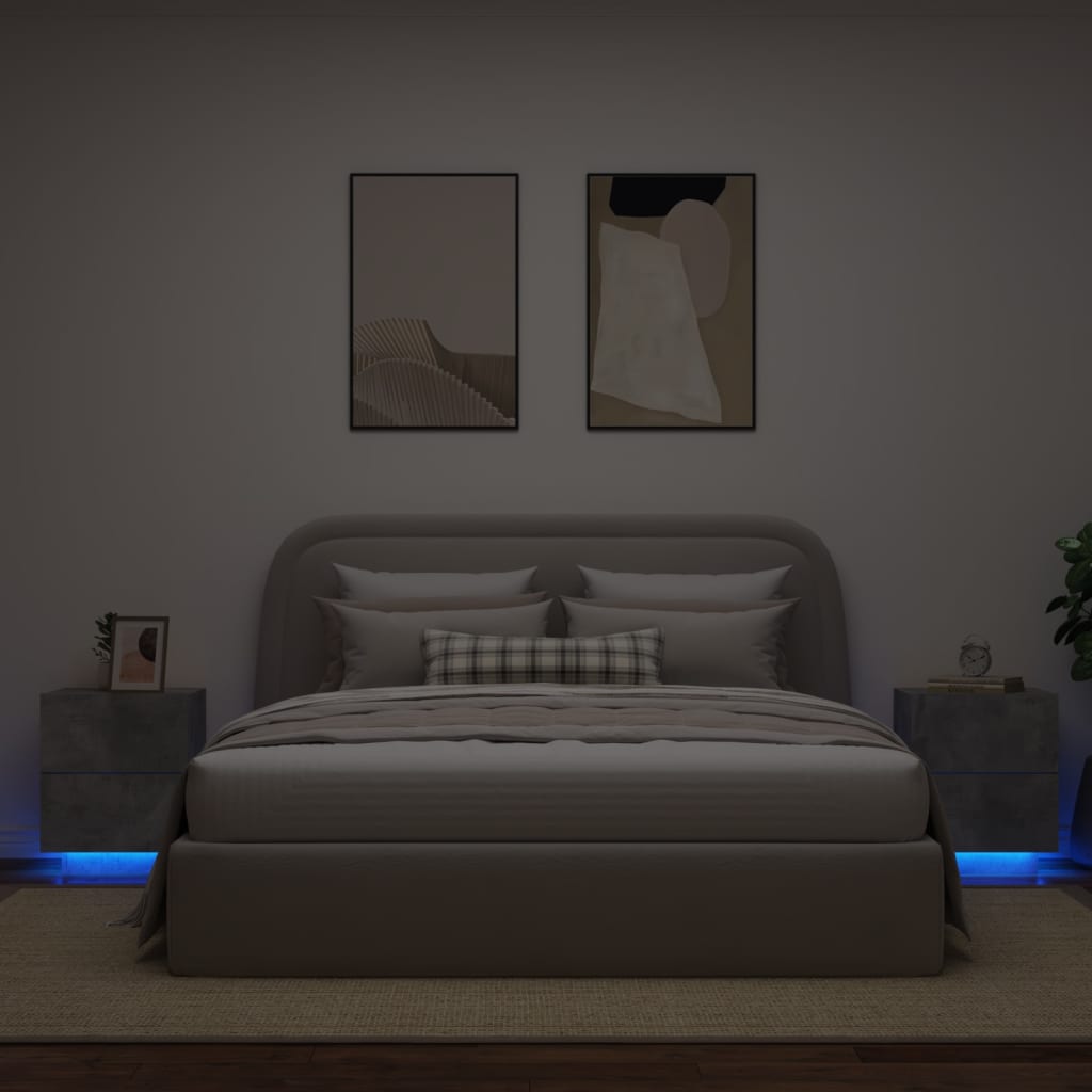 vidaXL Noptiere cu lumini LED, 2 buc., gri beton, lemn prelucrat