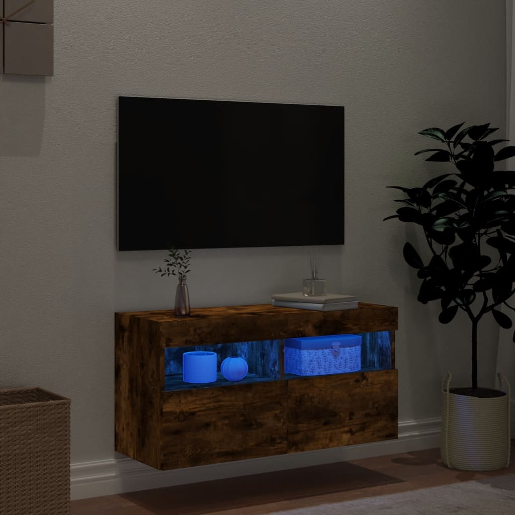 Gossi Comodă TV de perete cu lumini LED, stejar fumuriu, 80x30x40 cm