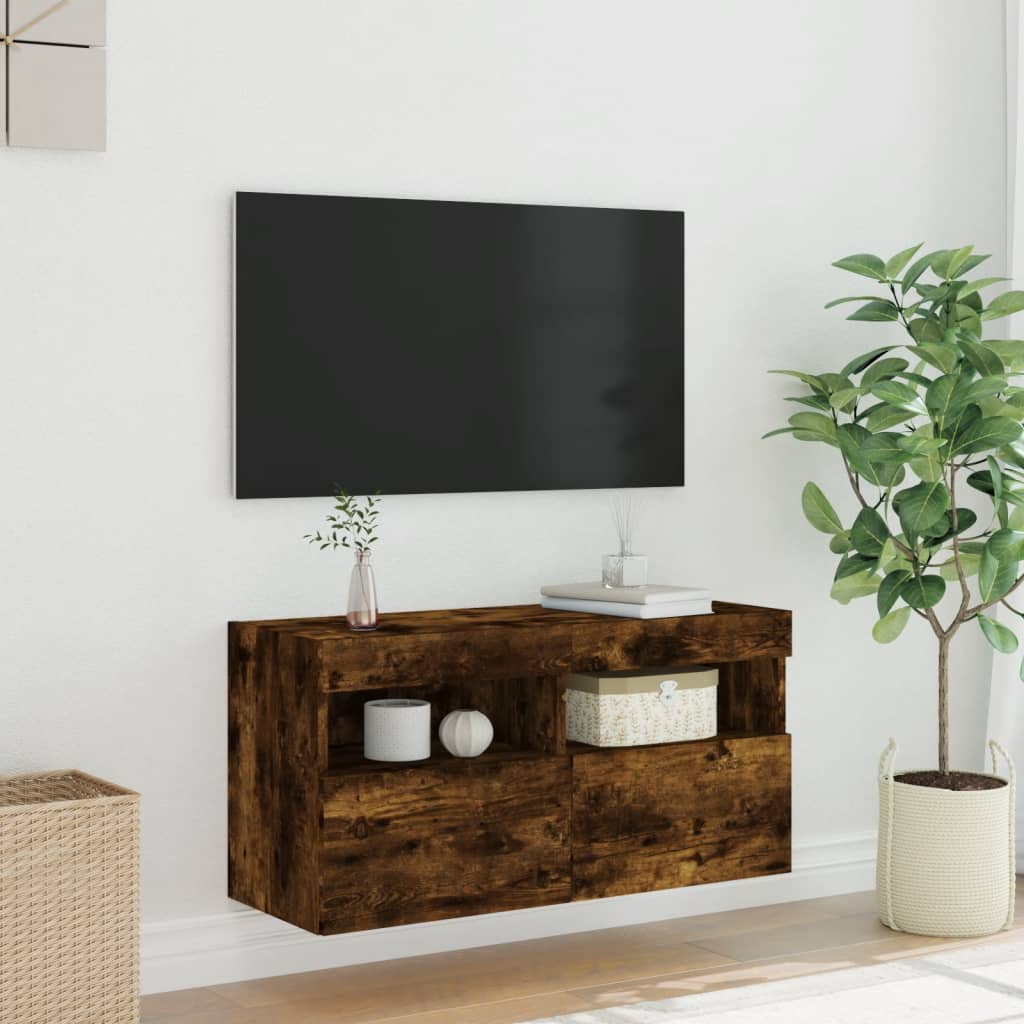 Gossi Comodă TV de perete cu lumini LED, stejar fumuriu, 80x30x40 cm