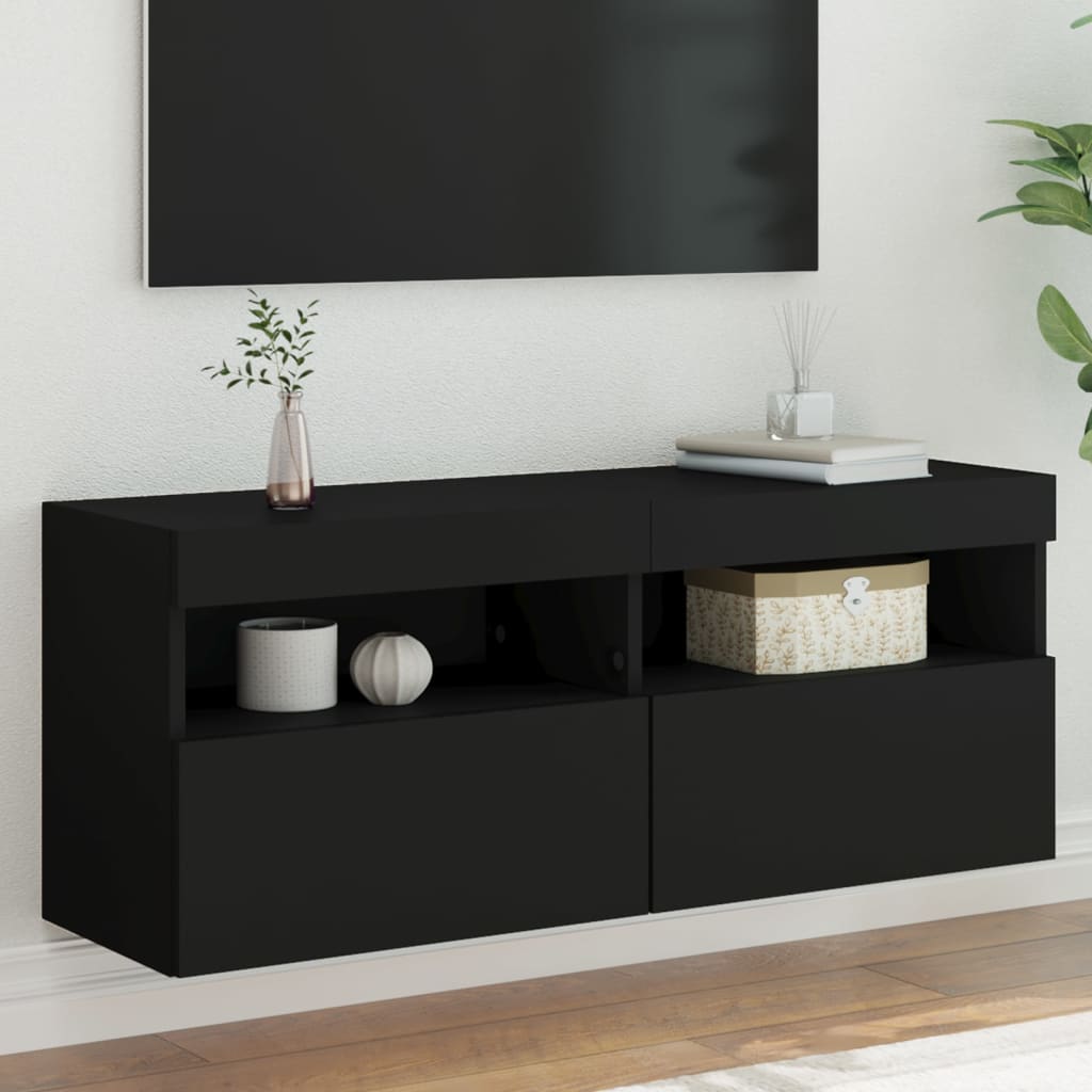 vidaXL Comodă TV de perete cu lumini LED, negru, 100x30x40 cm