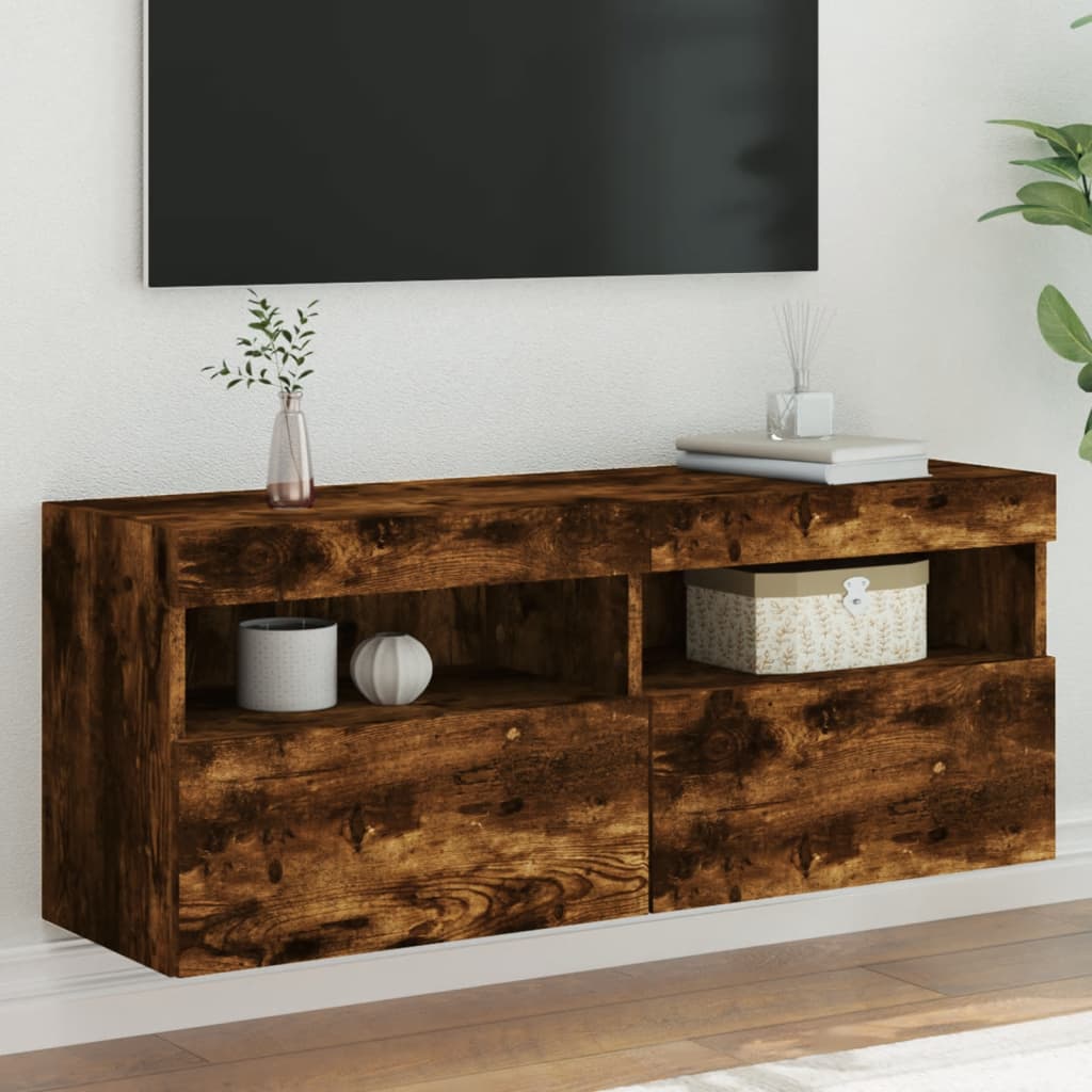 vidaXL væghængt tv-bord med LED-lys 100x30x40 cm røget egetræsfarve