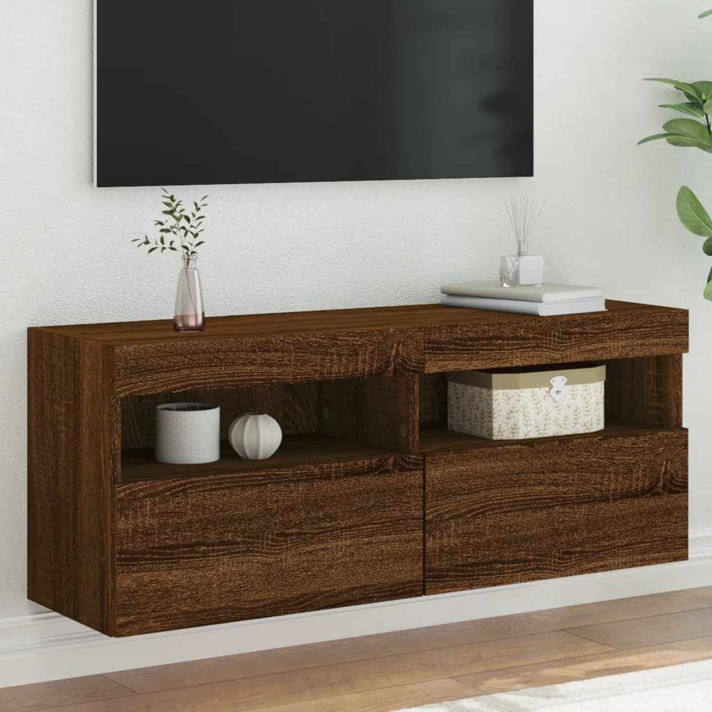 vidaXL væghængt tv-bord med LED-lys 100x30x40 cm brun egetræsfarve