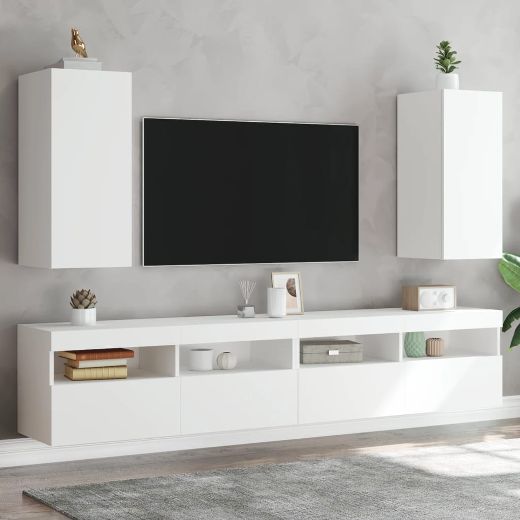 vidaXL Comode TV de perete cu lumini LED, 2 buc., alb, 30,5x35x70 cm