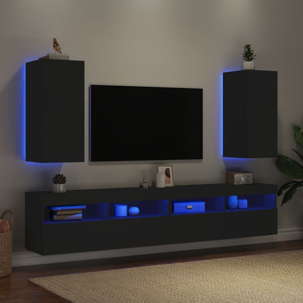 Ścienne szafki TV z LED, 2 szt., czarne, 30,5x35x70 cm