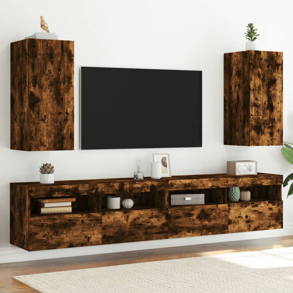 vidaXL Comodă TV de perete cu LED, 2 buc. stejar fumuriu,30,5x35x70 cm
