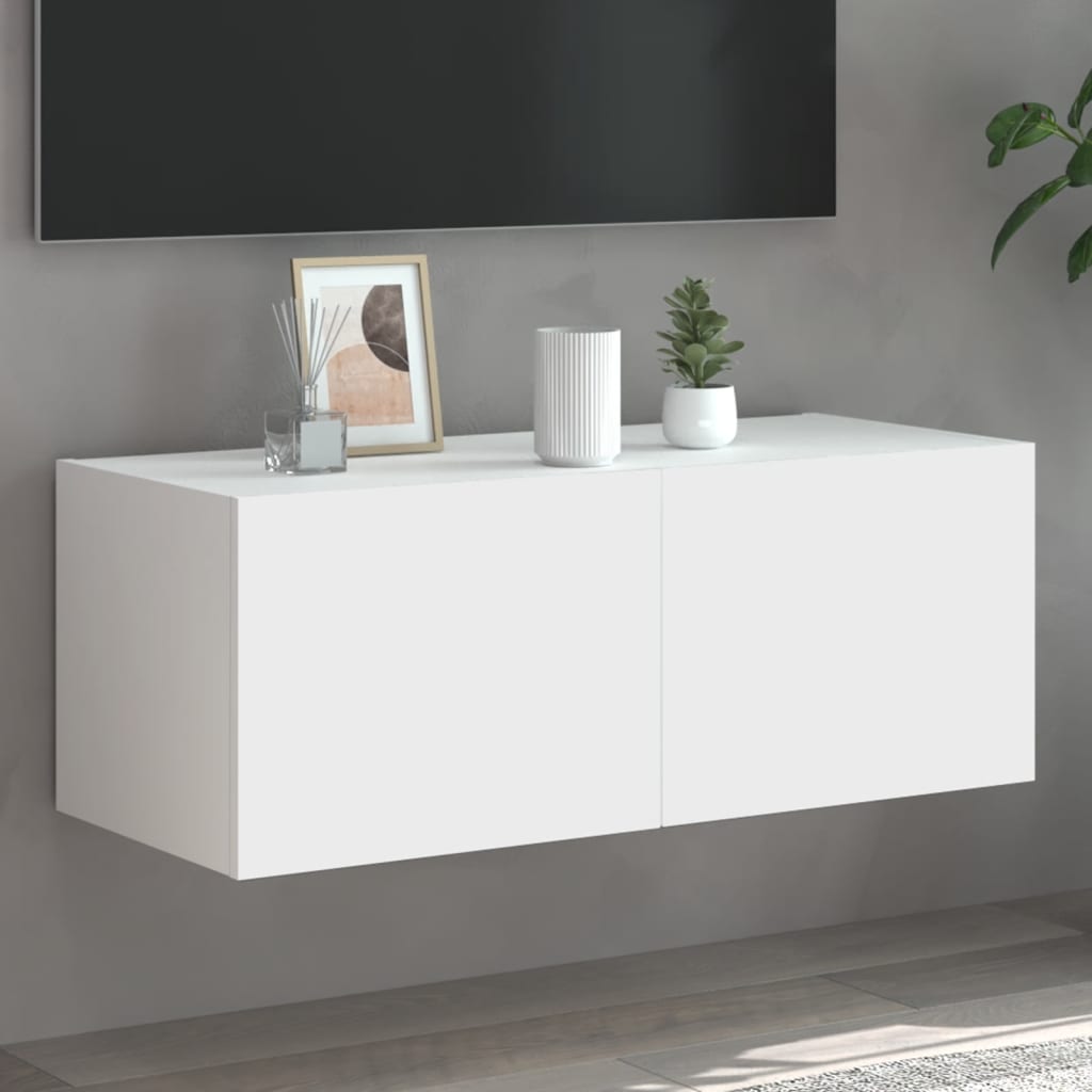vidaXL væghængt tv-bord med LED-lys 80x35x31 cm hvid
