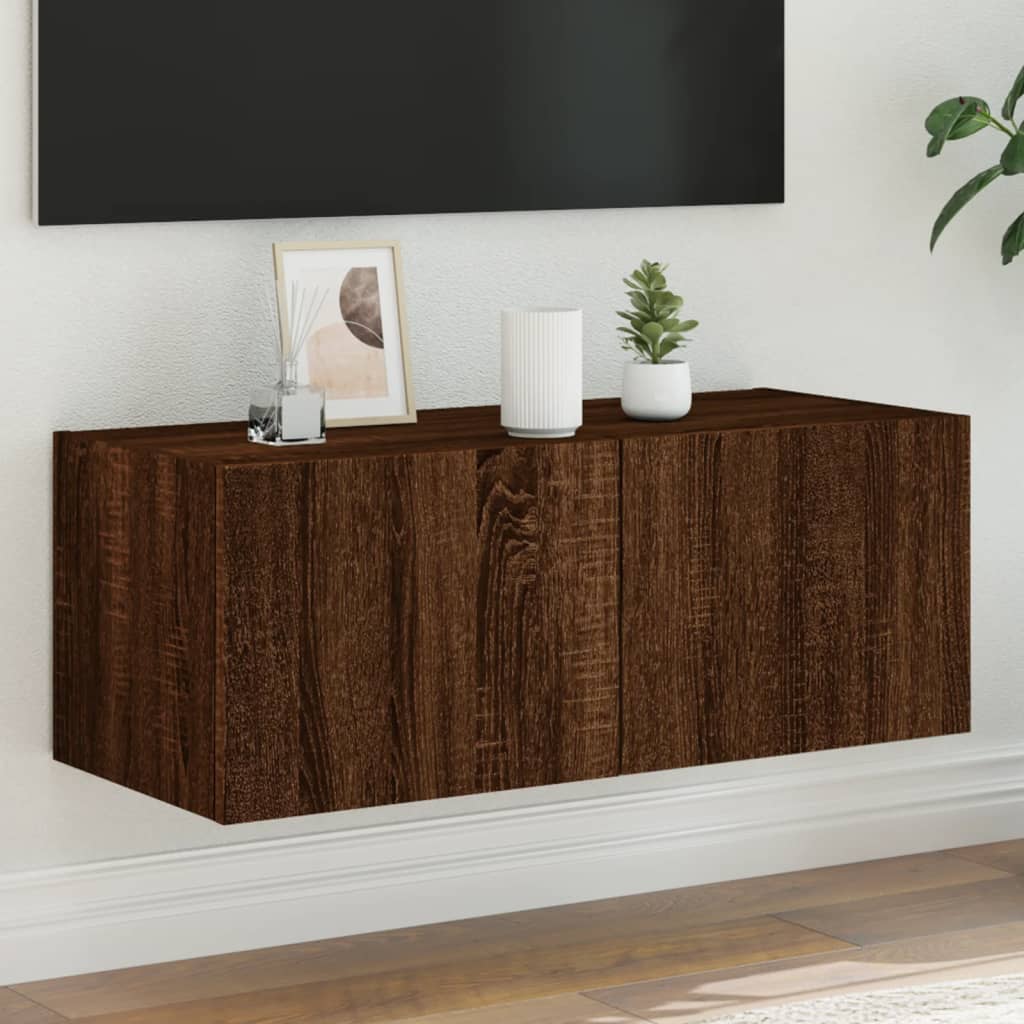 vidaXL væghængt tv-bord med LED-lys 80x35x31 cm brun egetræsfarve