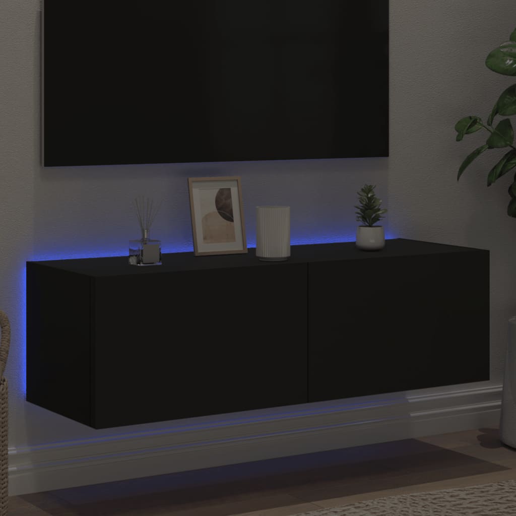 Ścienna szafka TV z LED, czarna, 100x35x31 cm