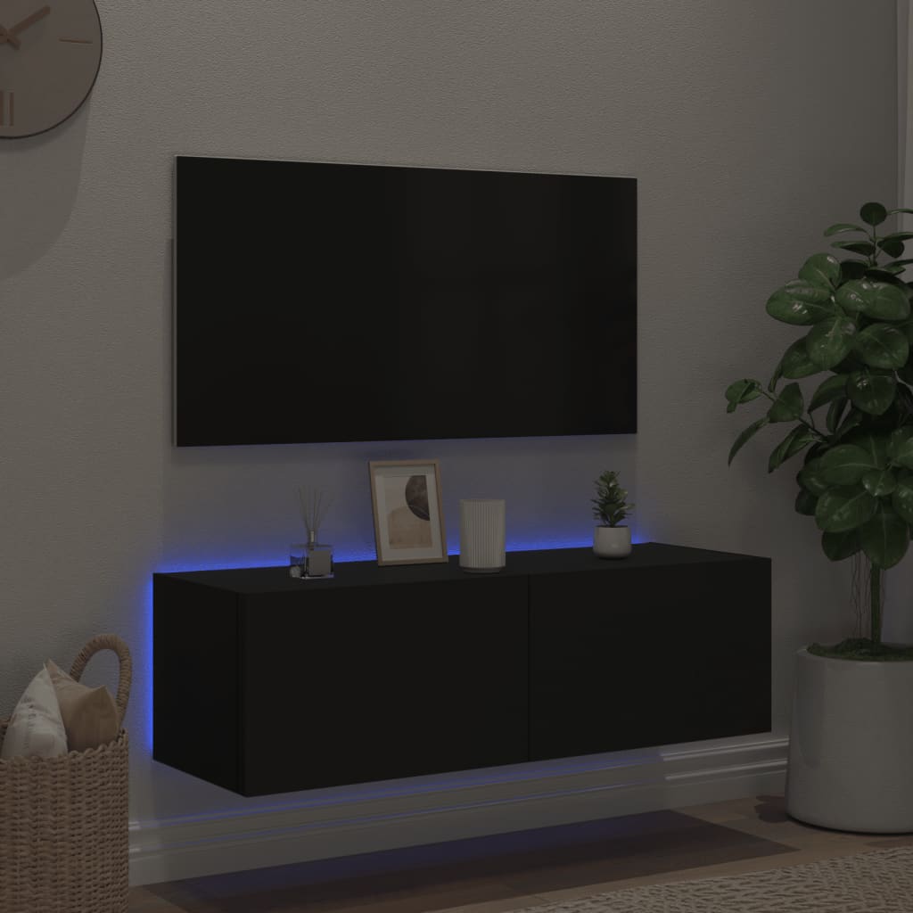 Ścienna szafka TV z LED, czarna, 100x35x31 cm