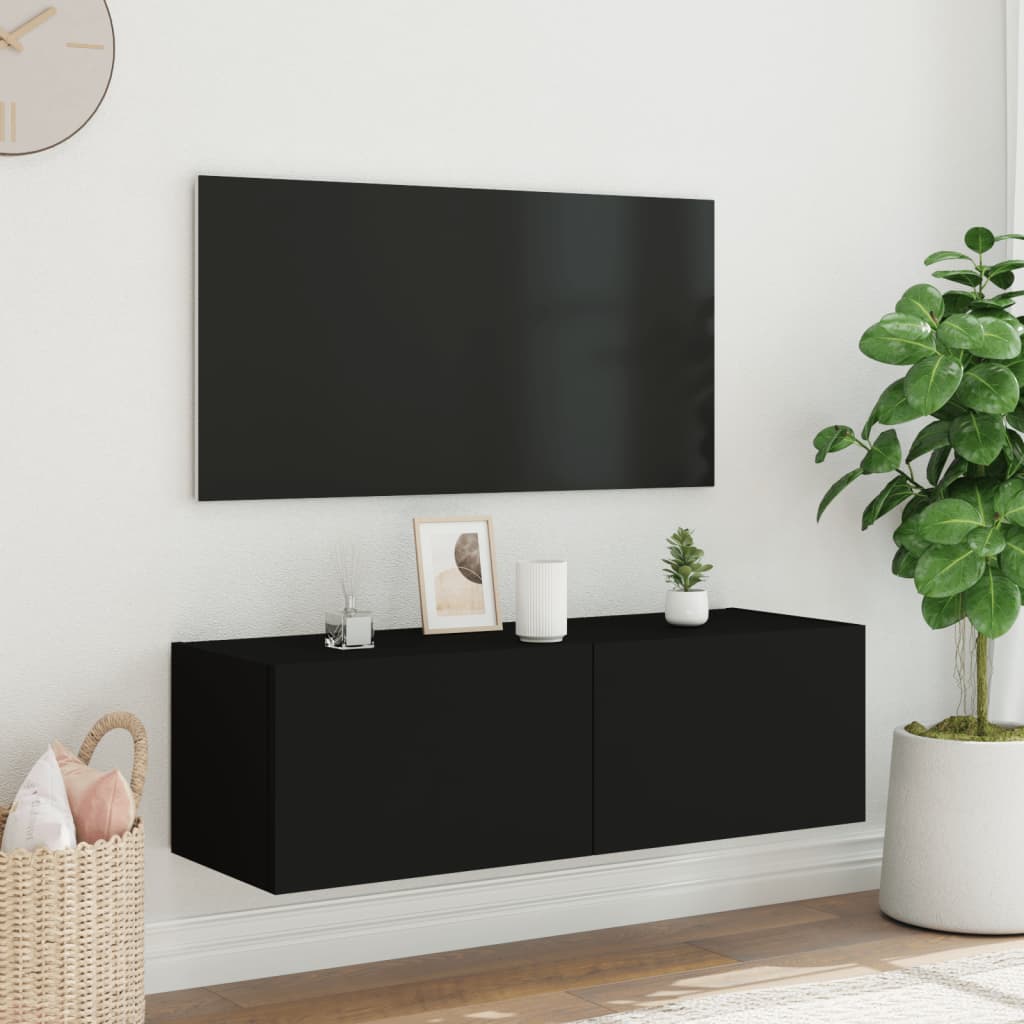 Ścienna szafka TV z LED, czarna, 100x35x31 cm