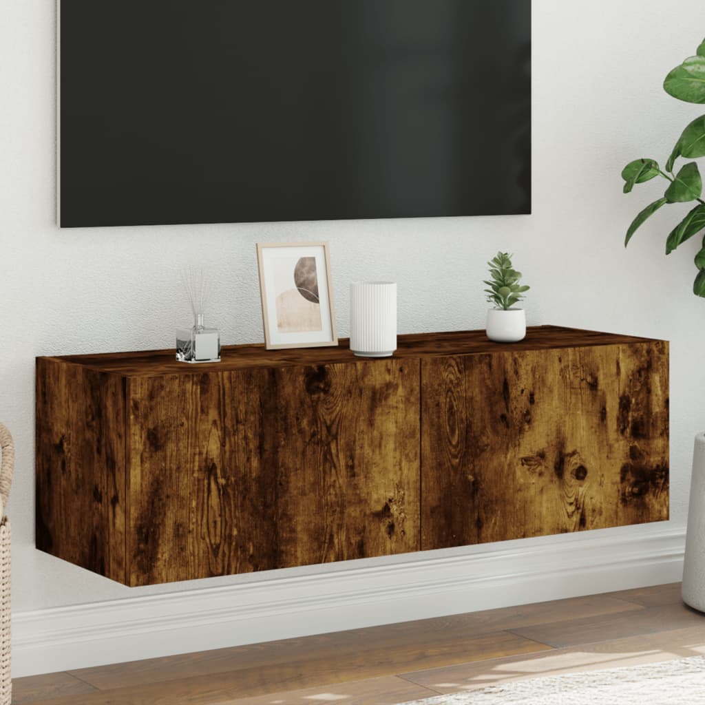 vidaXL væghængt tv-bord med LED-lys 100x35x31 cm røget egetræsfarve