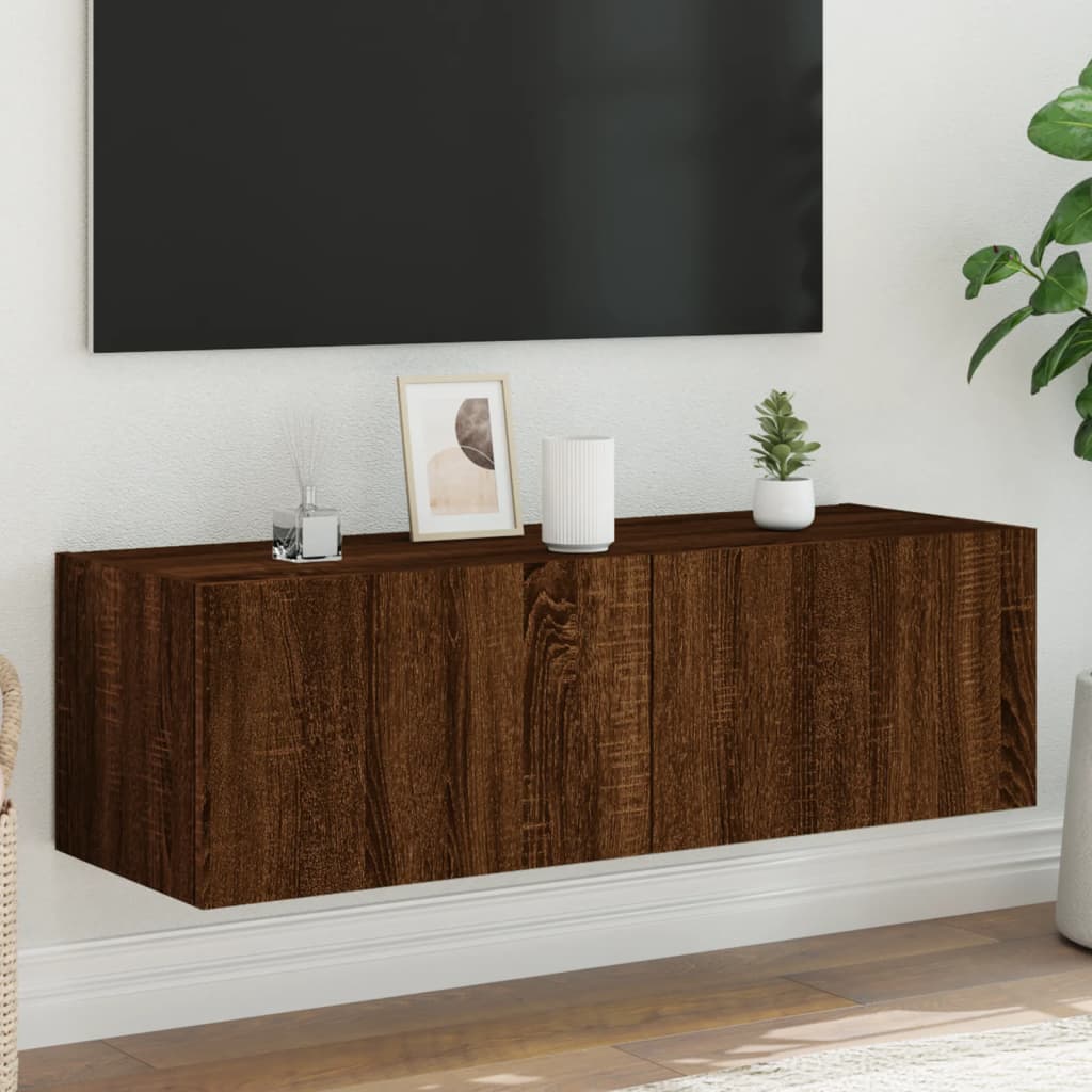 vidaXL væghængt tv-bord med LED-lys 100x35x31 cm brun egetræsfarve