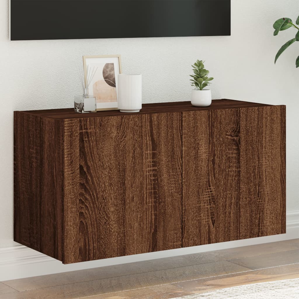 vidaXL væghængt tv-bord med LED-lys 80x35x41 cm brun egetræsfarve