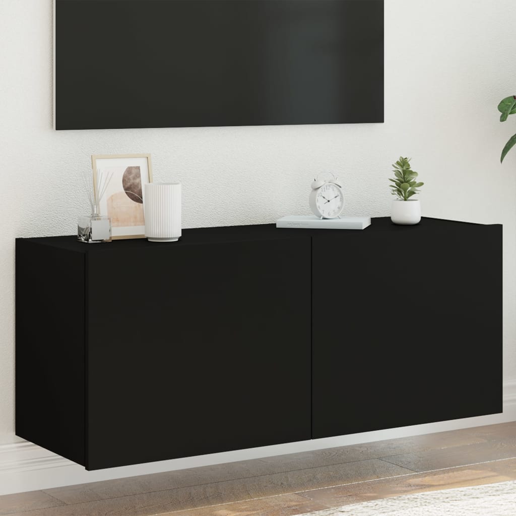 vidaXL Comodă TV de perete cu lumini LED, negru, 100x35x41 cm