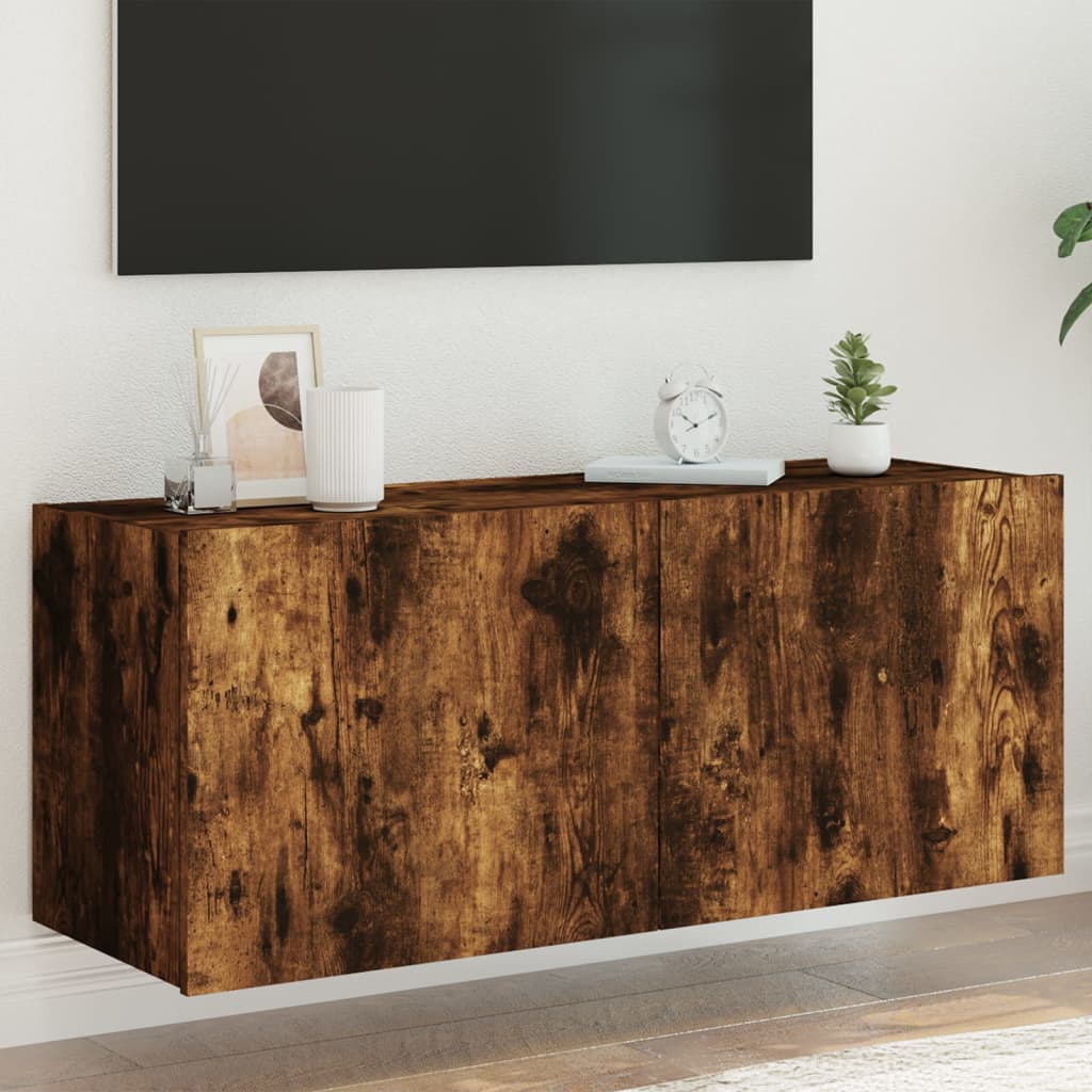 vidaXL væghængt tv-bord med LED-lys 100x35x41 cm røget egetræsfarve