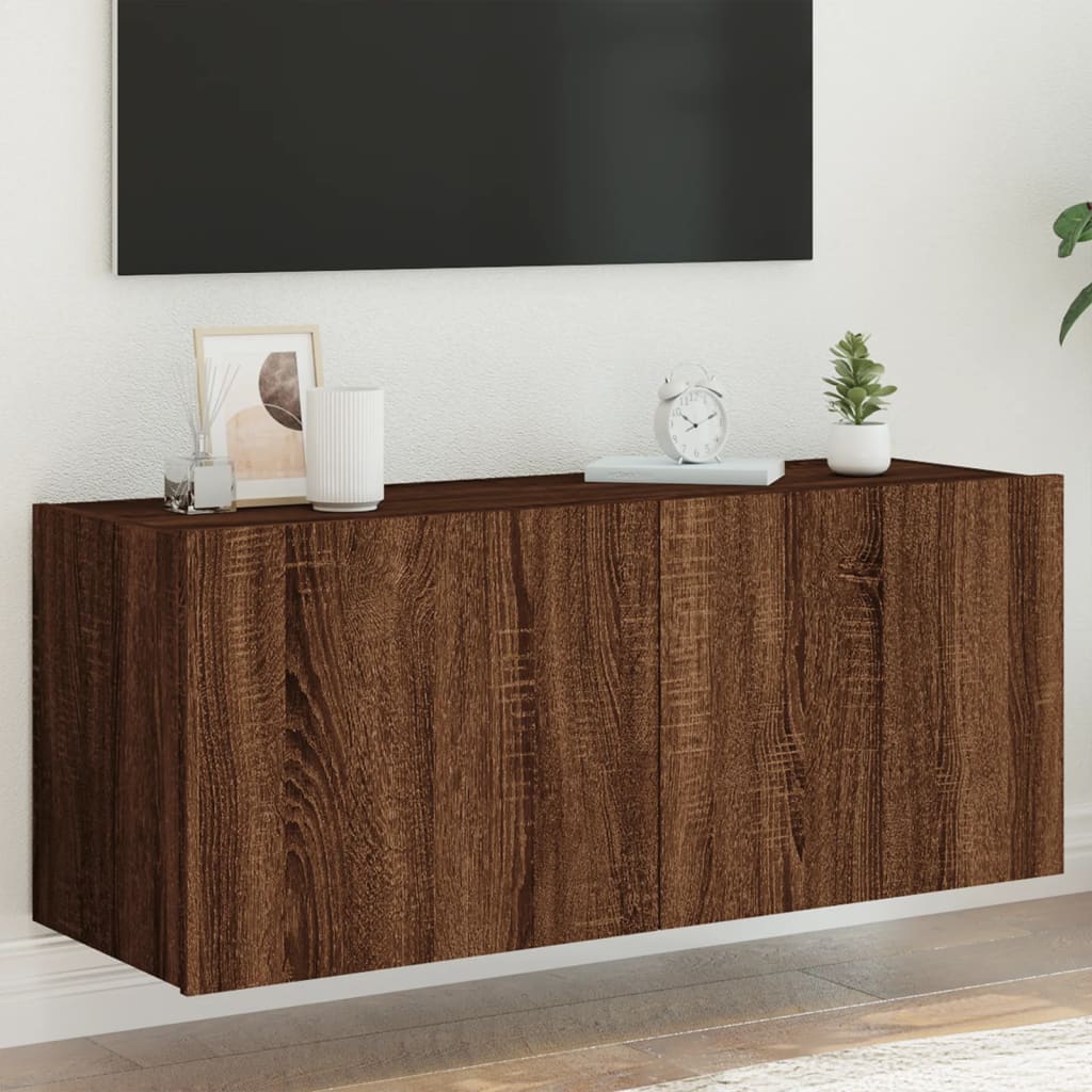 vidaXL væghængt tv-bord med LED-lys 100x35x41 cm brun egetræsfarve